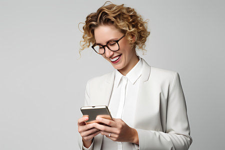 Portrait of excited businesswoman in glasses using mobile phone, isolated on grey backgroundの素材