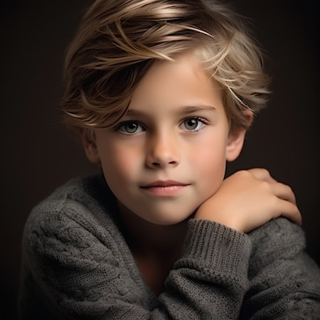 Portrait of a beautiful little boy with blond hair. Studio shot.の素材
