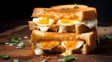 Toasted bread with fried egg, mozzarella cheese and basilの素材
