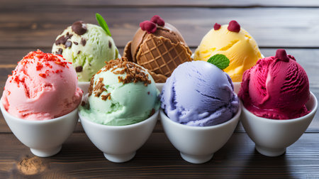 Variety of ice cream scoops in bowls on wooden background.の素材