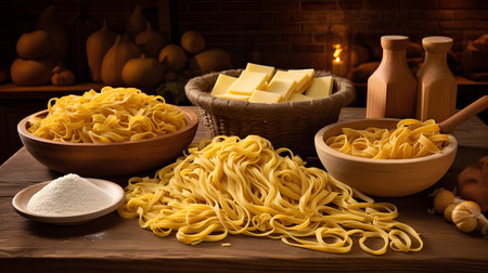 Italian pasta with ingredients for cooking on a wooden table in the kitchenの素材