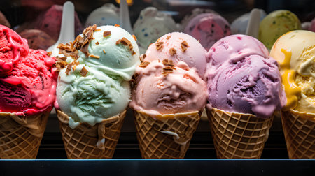 Variety of colorful ice cream scoops in waffle cones.の素材