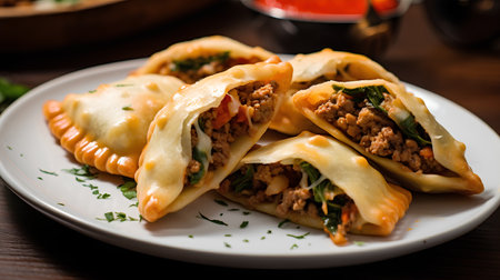 Fried dumplings stuffed with minced meat and vegetables on a plateの素材