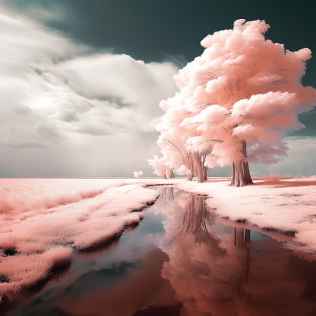 Trees reflected in the lake. Nature composition. 3d renderの素材