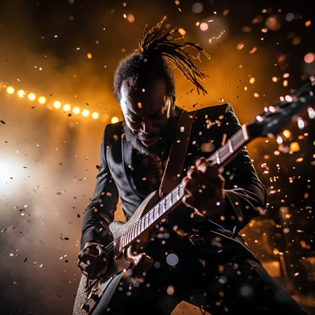Musician with dreadlocks playing the electric guitar on stage under spotlightsの素材