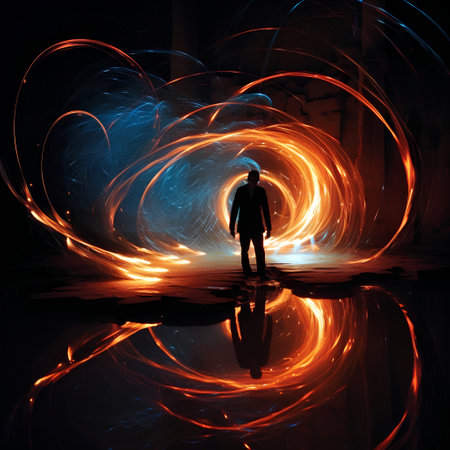 3D rendering of a man standing in front of a glowing backgroundの素材