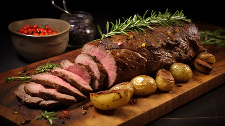 roast beef with rosemary and potatoes on a wooden cutting boardの素材