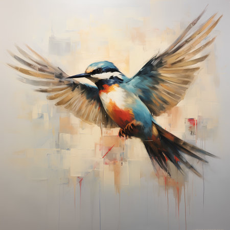 Digital painting of a kingfisher bird flying in the air.の素材