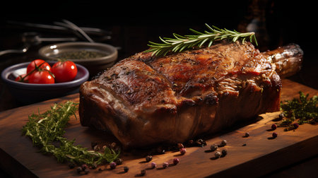Baked pork knuckle with rosemary and spices on wooden boardの素材
