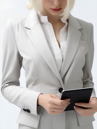 Business woman using tablet computer on white background. Close-up.の素材