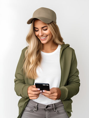 Smiling young woman in baseball cap using smartphone, isolated on grey backgroundの素材