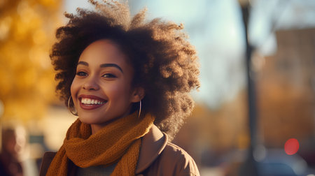 Portrait of a beautiful young african american woman with afro hairstyle wearing brown coat and scarf walking on the street.の素材