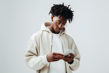 beautiful african american woman in white hoodie using smartphone isolated on greyの素材