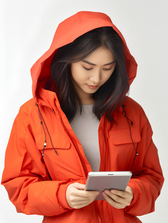 young asian woman in raincoat using digital tablet on white backgroundの素材