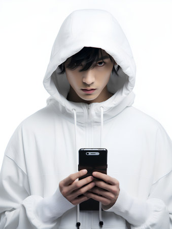 young asian man in white hoodie using smartphone isolated on whiteの素材