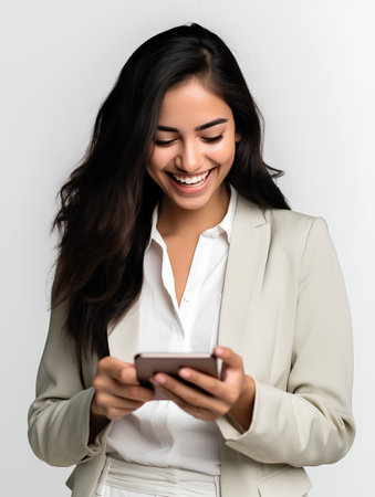 Portrait of a smiling businesswoman using mobile phone while standing against grey backgroundの素材
