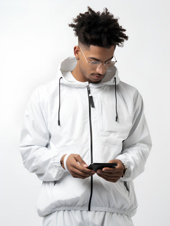 Young african american man in white sportswear using mobile phoneの素材