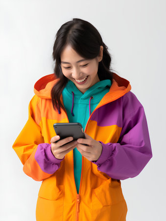 Smiling asian woman in raincoat using smartphone on white backgroundの素材