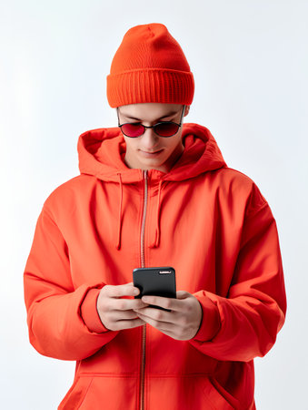 Young man in red jacket and sunglasses using smartphone on white background.の素材