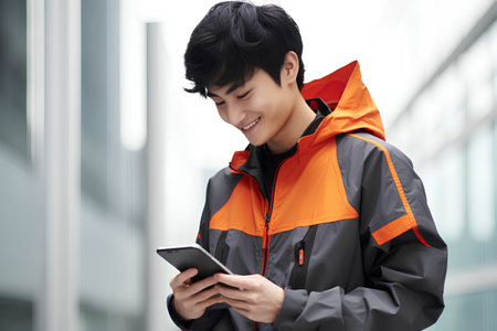asian young man using mobile phone in the city with urban backgroundの素材