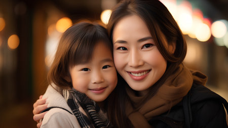 happy asian mother and daughter hugging at night street with bokehの素材