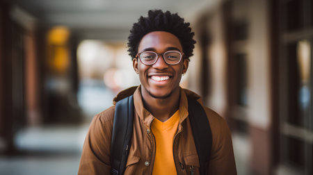 Portrait of a young african american man in eyeglasses at universityの素材