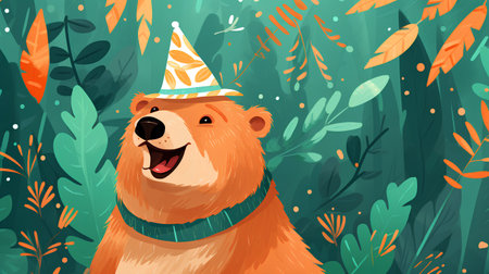 Cute cartoon bear with birthday hat in the forest. Vector illustrationの素材