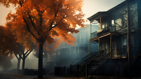 Old house in a foggy autumn morning. 3D Renderingの素材