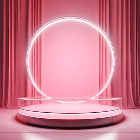 Scene with podium for mock up presentation in minimalism style with red curtains, 3d renderの素材
