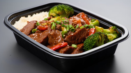 Japanese Cuisine - Beef with Vegetables and Rice in Plastic Boxの素材