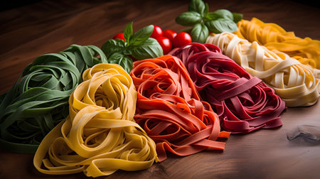 Variety of types and shapes of Italian pasta. Dry pasta background.の素材
