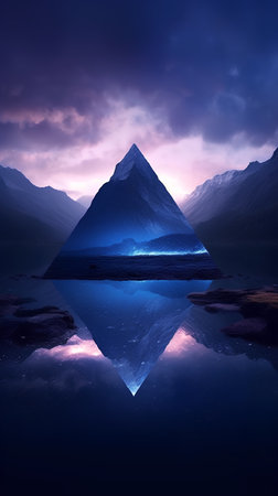 Fantasy landscape with mountains and reflection in water. Collage.の素材