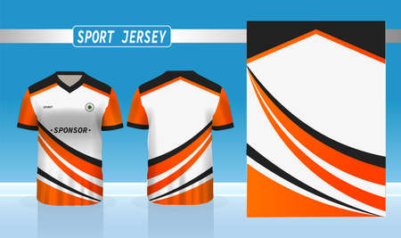 Orange sports shirt jersey design template. Background mockup for sports jerseys, racing, badminton, football, running jerseys, orange black white side stripes.のイラスト素材