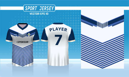 Blue and White sports shirt jersey design template. Background mockup for sports jerseys, racing, badminton, football, running jerseys, orange black white side stripes.のイラスト素材