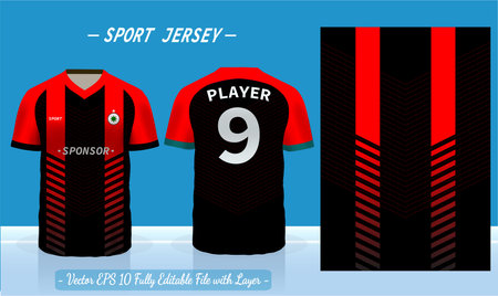 T-shirt sport design template. Abstract pattern v neck Football jersey concept with front and back view for Soccer, Cricket, Volleyball, Rugby, tennis, badminton uniform kit.のイラスト素材