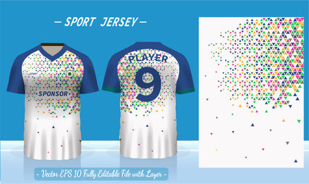 T-shirt sport design template. Abstract pattern v neck Football jersey concept with front and back view for Soccer, Cricket, Volleyball, Rugby, tennis, badminton uniform kit.のイラスト素材