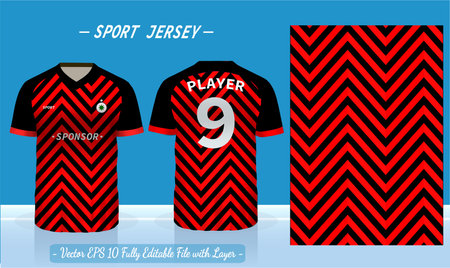 T-shirt sport design template. Abstract pattern v neck Football jersey concept with front and back view for Soccer, Cricket, Volleyball, Rugby, tennis, badminton uniform kit.のイラスト素材