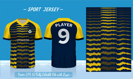 T-shirt sport design template. Abstract pattern v neck Football jersey concept with front and back view for Soccer, Cricket, Volleyball, Rugby, tennis, badminton uniform kit.のイラスト素材
