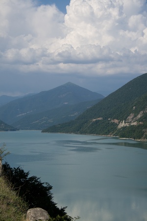 Reservoir in Caucasus mountains,Dam on the Zhinvali lake - Georgia.の写真素材
