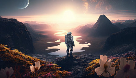 An astronaut on a new planet with a beautiful landscape with mountains and rivers.の写真素材