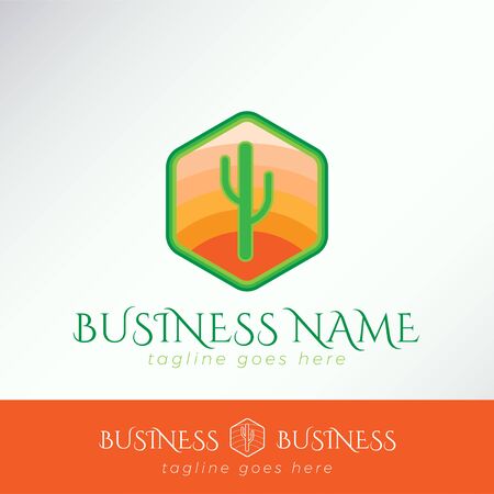 Simple Cute green Cactus Logo Template in a hexagonal orange badge for business, company, organization, community.のイラスト素材