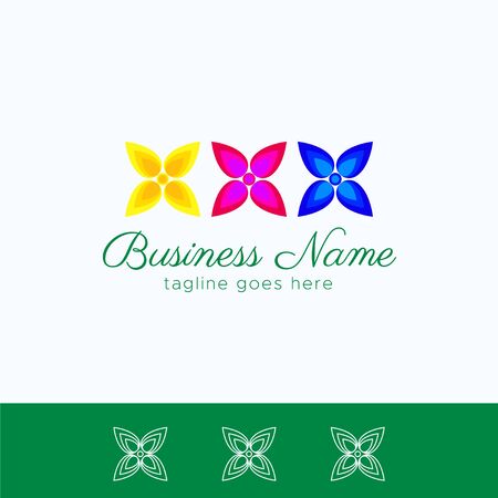 Vector logo design template for business, company, association, application, icon or button with futuristic color. Triple Flower or Blossom with Colorful of Yellow, Magenta, and Blueのイラスト素材