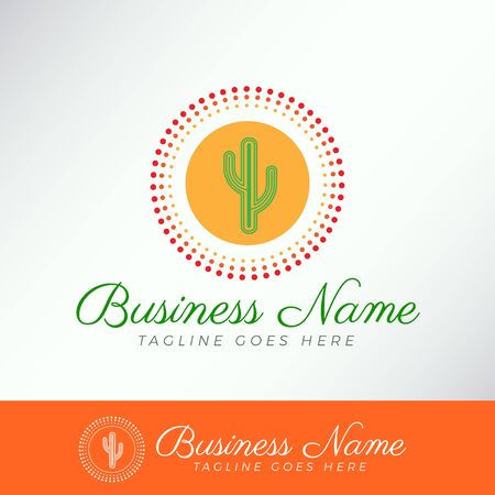 green cactus logo template over in orange circle for business, company, product, etcのイラスト素材