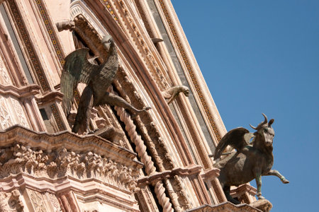 Statues on the facade of Duomo,Orvieto,middle ages,italian monument in gothic styleの写真素材