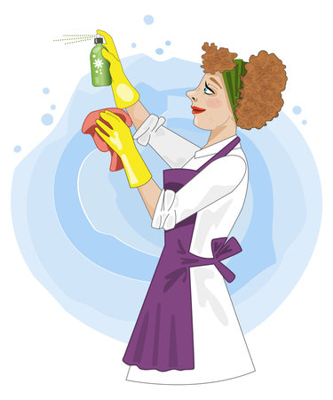 A pretty lady happily using cleaning productsの写真素材