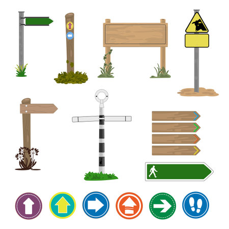 Wooden signpost icon set in flat style. Vector illustration.のイラスト素材