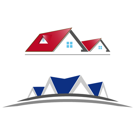 Double icon of houses with brown roofs and blueのイラスト素材