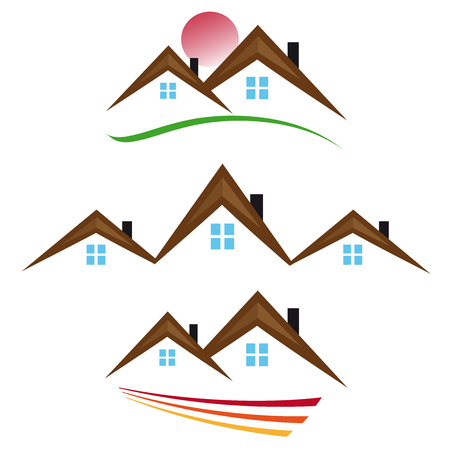 Triple icon of houses with brown roofsのイラスト素材