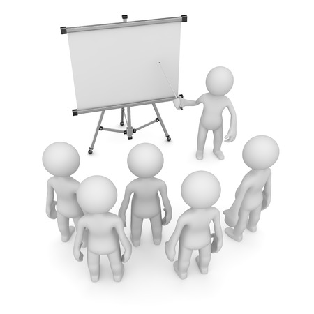 Teacher pointing to empty white board, 3d render and computer generated image.