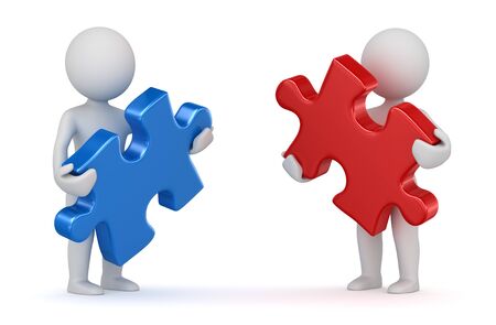 Two man holding red and blue puzzle piece. 3d render and computer generated image.の写真素材
